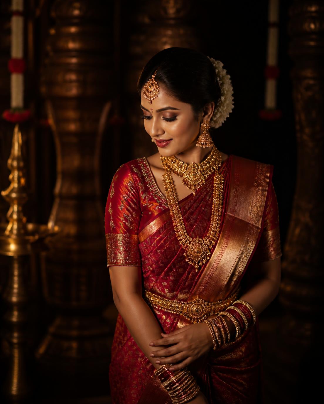 Bride wearing a red and gold bridal silk saree with traditional gold jewellery