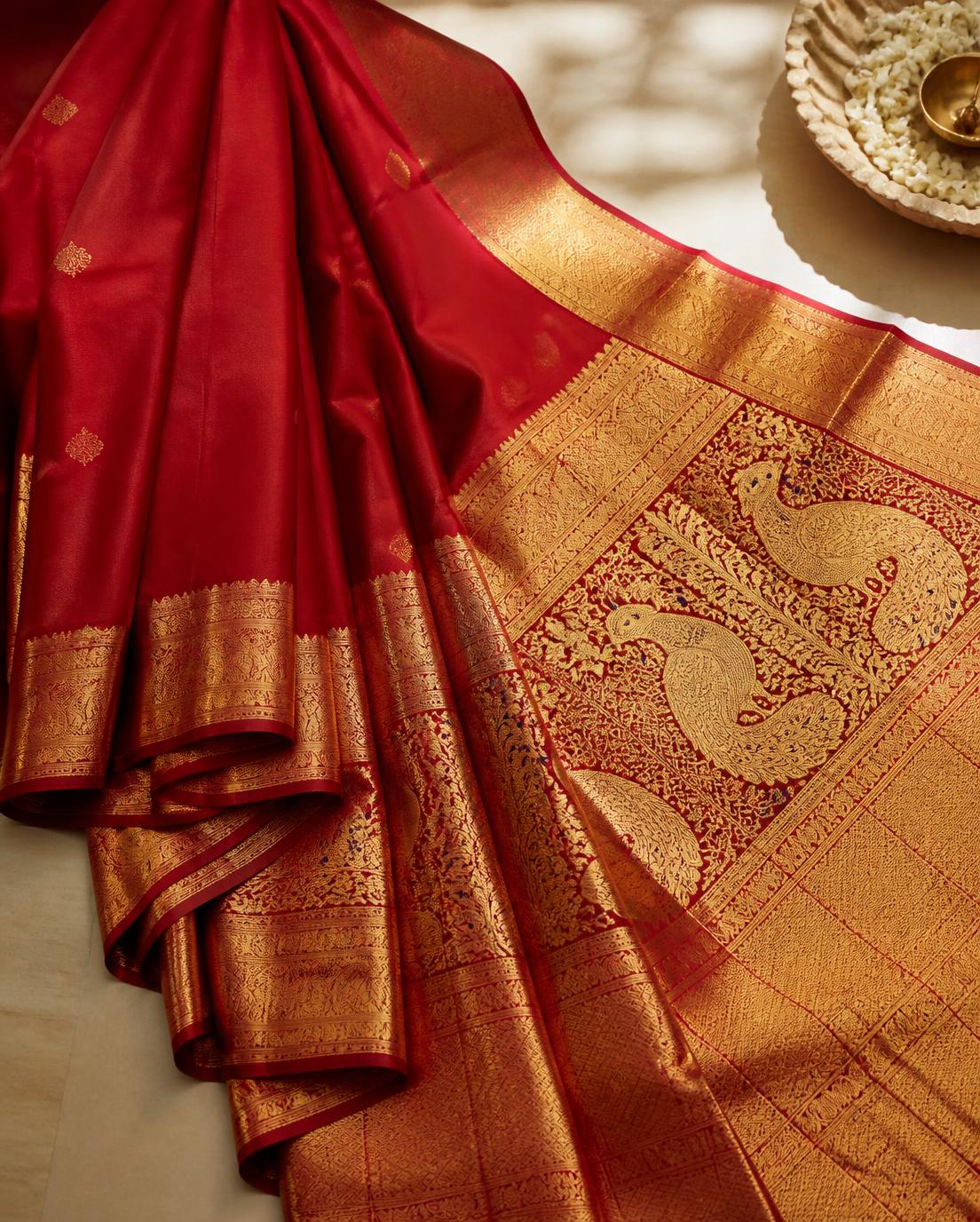 Kanchipuram silk saree with a contrast zari border at AP Silk, Byadarahalli