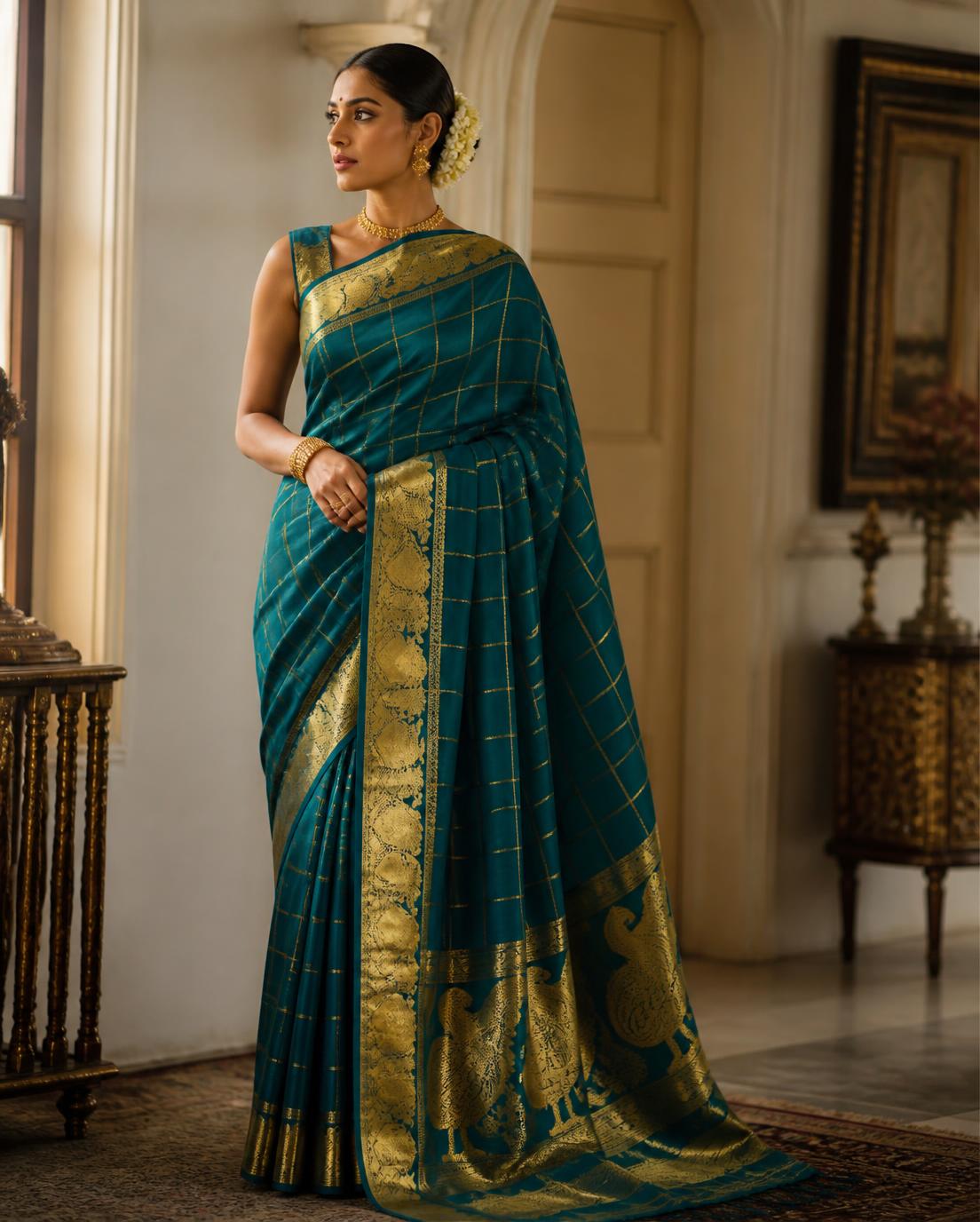 Pure Mysore silk crape saree in peacock teal with gold zari checks and peacock border at AP Silk, Byadarahalli