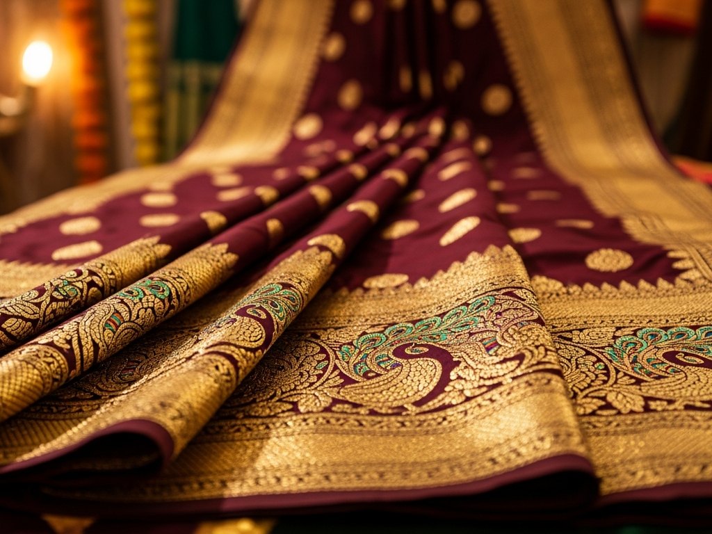 Close detail of gold zari border weaving on a Kanchipuram silk saree
